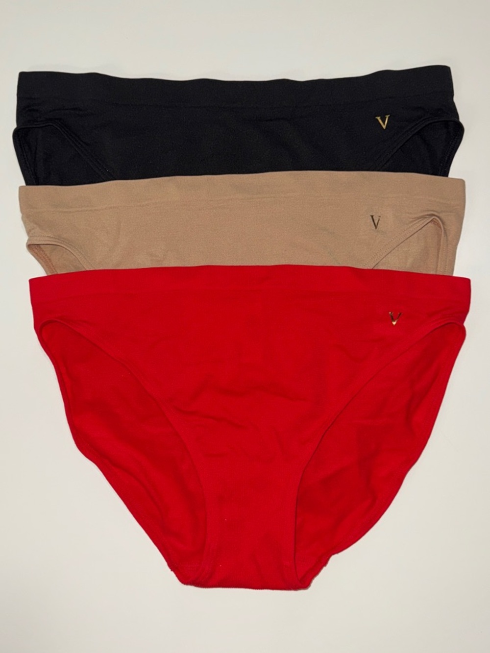 Victoria's Secret Three-Pack Bikini Briefs — Red, Tan, Black